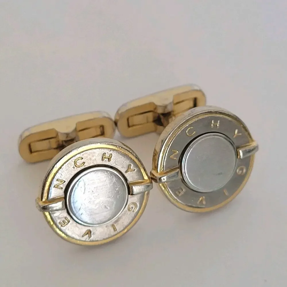 Givenchy Cufflinks Set Gold Silver Tone Logo Vintage Round Buttons Retro Whale